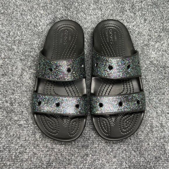 Crocs Classic Glitter Sandals Women's Size 6 Black Athletic Recovery Beach Slide - Picture 3 of 9